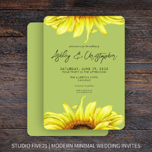 Stilvolle Watercolor Sonnenblume Grüne Hochzeit Einladung