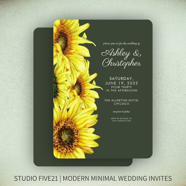 Stilvolle Watercolor Sonnenblume Moss Green Weddin Einladung (Von Creator hochgeladen)