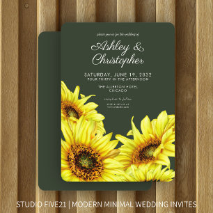 Stilvolle Watercolor Sonnenblume Moss Green Weddin Einladung
