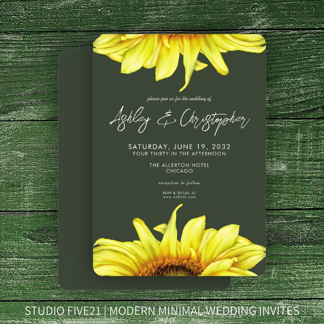 Stilvolle Watercolor Sonnenblume Moss Green Weddin Einladung (Von Creator hochgeladen)