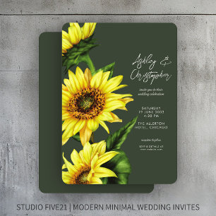 Stilvolle Watercolor Sonnenblume Moss Green Weddin Einladung