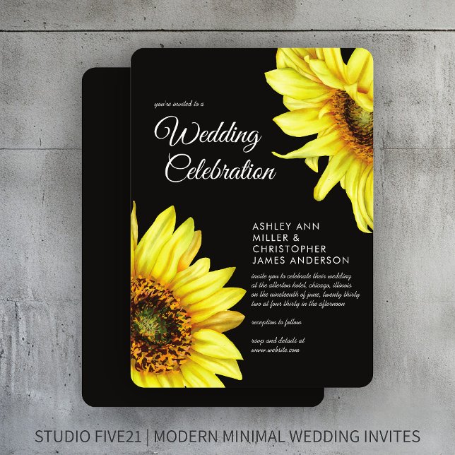 Stilvolle Watercolor Sonnenblume Rauch Black Weddi Einladung (Von Creator hochgeladen)