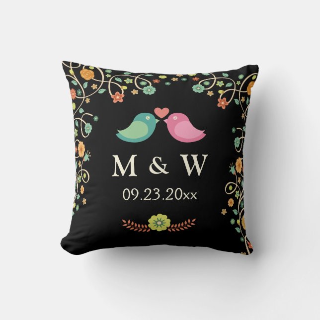 Stilvolle Wedding Monogram Floral Love Birds Coupl Kissen (Vorderseite)