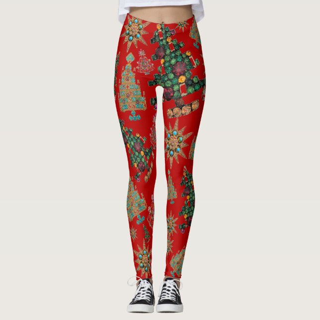 Stilvolle Weihnachtsbaum Jewel Bling Red Leggings (Vorderseite)