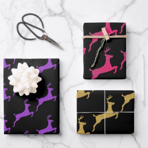 Stilvolle Weihnachtsfarbe Glitzer Rentier auf schw Geschenkpapier Set