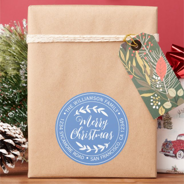 Stilvolle Weihnachtsfreude Rücksendeadresse Blue Runder Aufkleber (Feiertag)