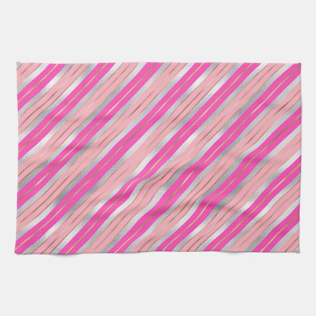 Stilvolle Weihnachtsstreifen in Rosa, Gold und Sil Geschirrtuch (Horizontal)