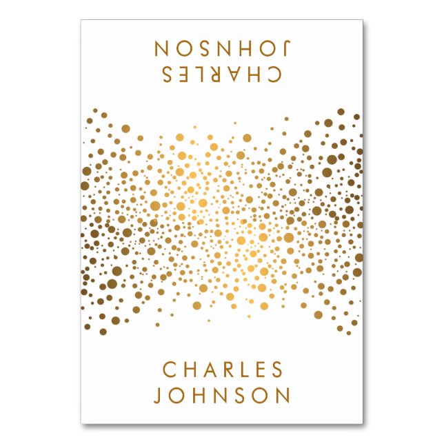 Stilvolle weiße und goldene Confetti Dots | PLATZK Tischnummer (Vorderseite)