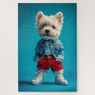 Stilvolle Westie Pup in Denim und Sneakers