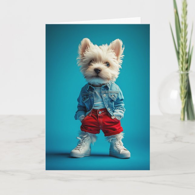 Stilvolle Westie Pup in Denim und Sneakers Einladung (Vorderseite)