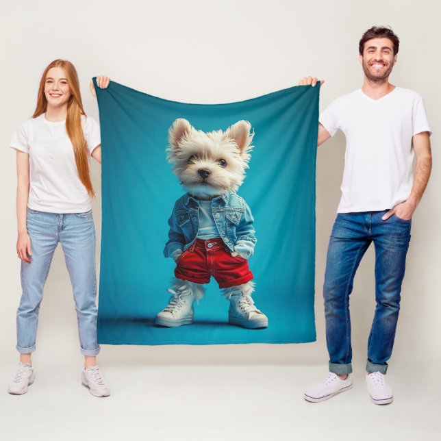 Stilvolle Westie Pup in Denim und Sneakers Fleecedecke (Beispiel)