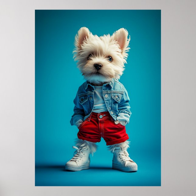Stilvolle Westie Pup in Denim und Sneakers Poster (Vorne)