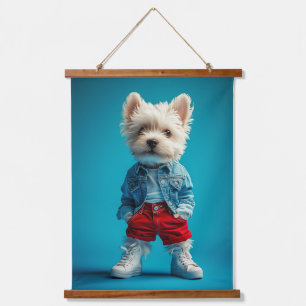 Stilvolle Westie Pup in Denim und Sneakers Wandteppich Mit Holzrahmen