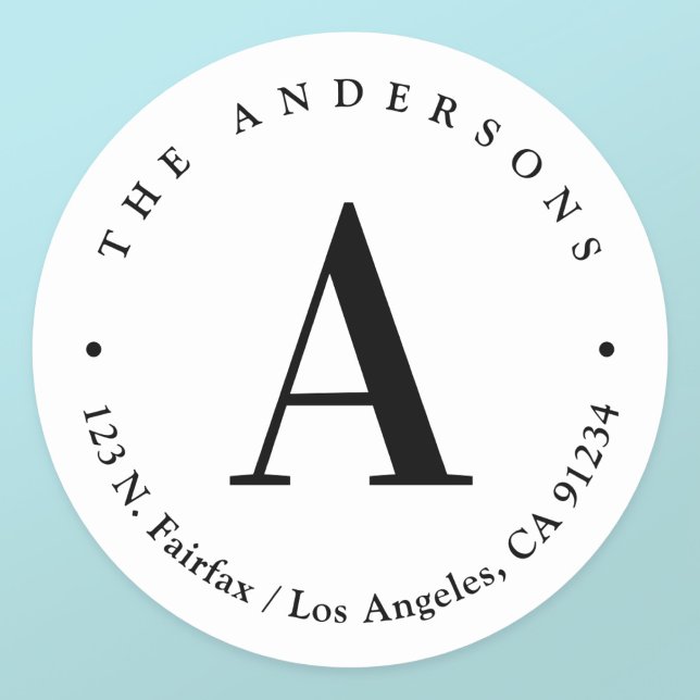 Stilvolle White & Black Monogram Rücksendeadresse Runder Aufkleber (Von Creator hochgeladen)