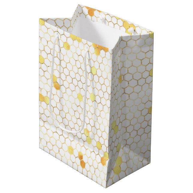 Stilvolle White Gold Honeycomb Mittlere Geschenktüte (Vorderseite Schrägansicht)