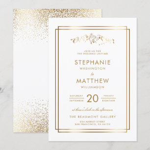 Stilvolle White & Gold Mountain Wedding Einladung