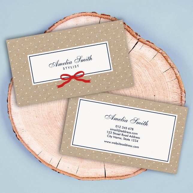 Stilvolle White Polka Dot und Red Ribbon Kraft Visitenkarte (Von Creator hochgeladen)