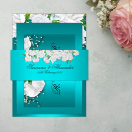 Stilvolle White Rose Bouquet auf Aqua Wedding Einladungsbanderole