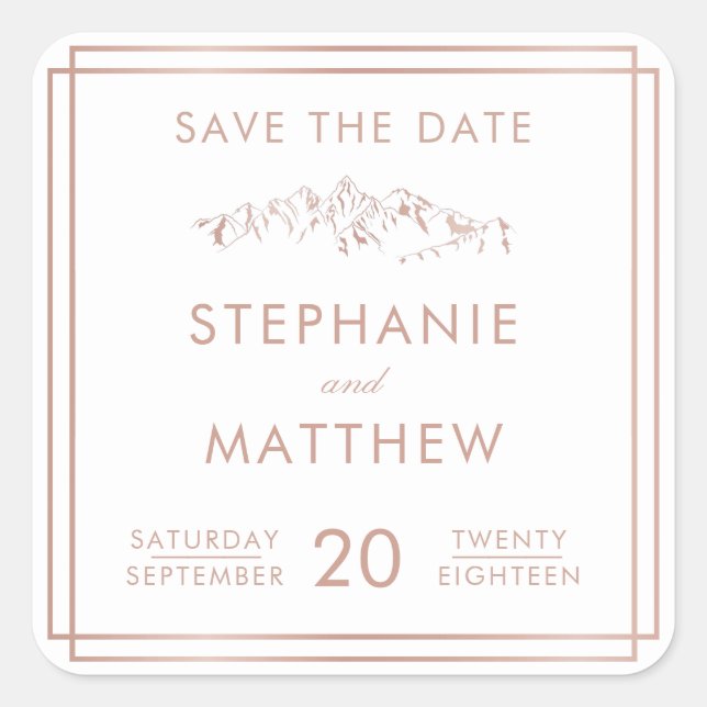 Stilvolle White & Rose Gold Mountain Save the Date Quadratischer Aufkleber (Vorderseite)