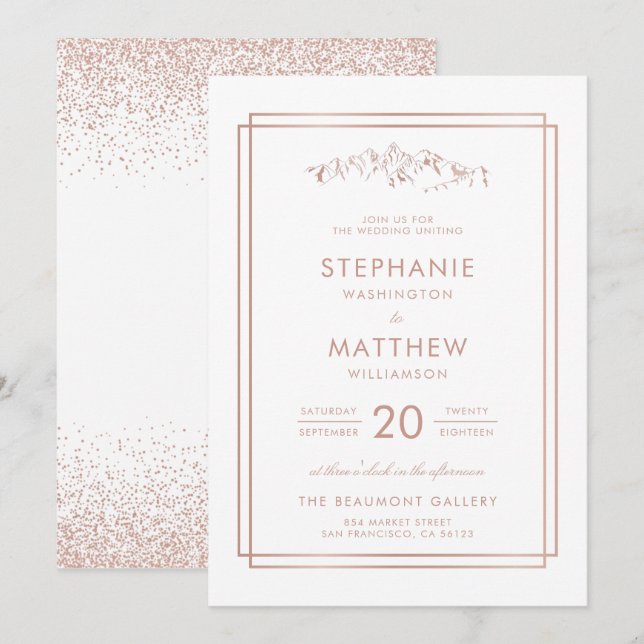 Stilvolle White & Rose Gold Mountain Wedding Einladung (Vorne/Hinten)
