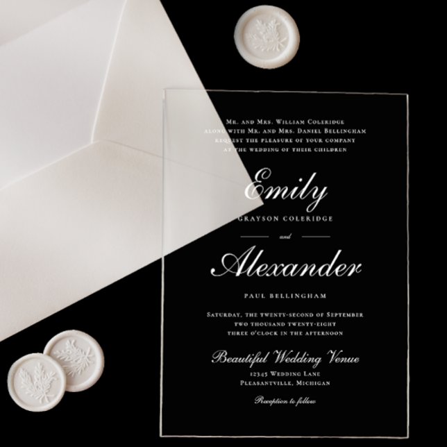 Stilvolle White Script Typografy Wedding Acryleinladungen (Von Creator hochgeladen)