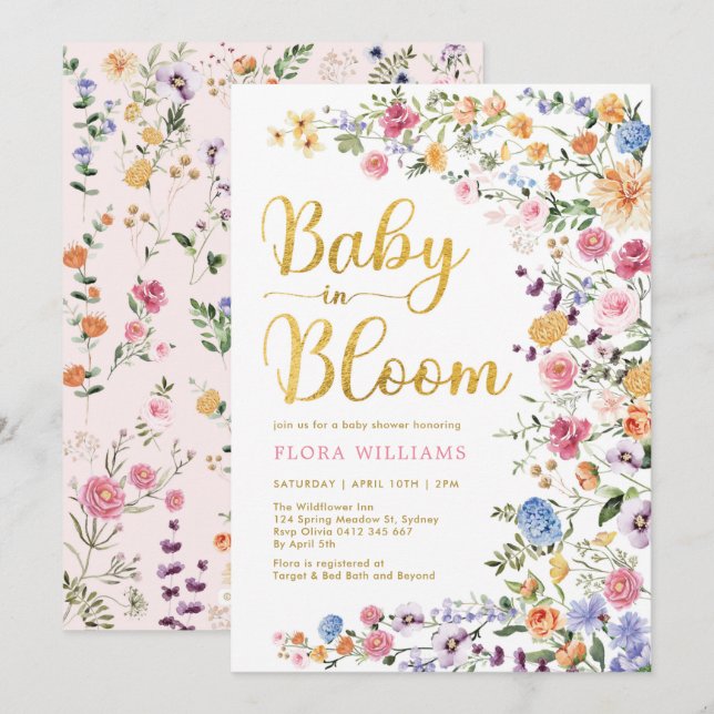 Stilvolle Wildblume Meadow Baby in Bloom Garden Einladung (Vorne/Hinten)