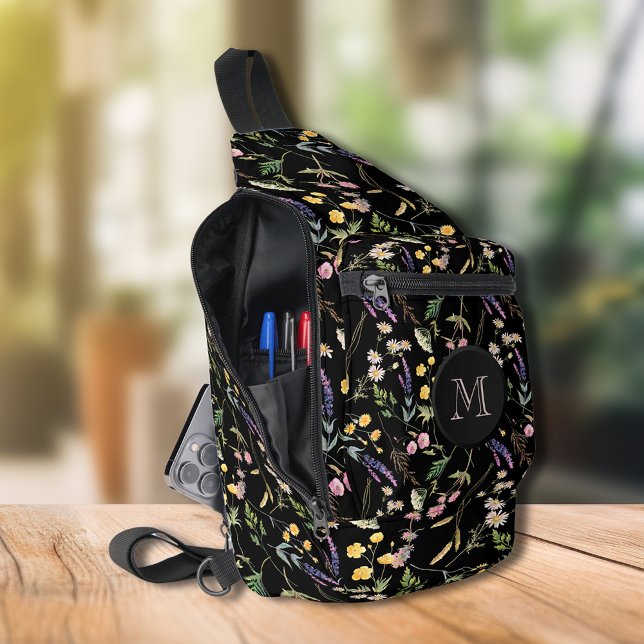 Stilvolle Wildblumen auf Black Crossbody Bag (Stylish Wildflowers on Black Sling Bag)