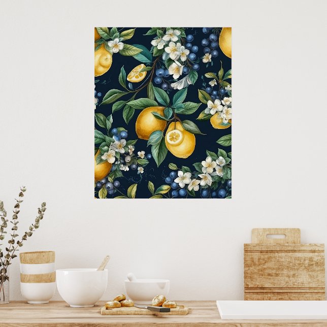 Stilvolle Zitronen und Blaubeeren Poster (Küche)