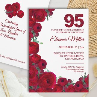 Stilvoller 95. Geburtstag - Fette rote Blumen 95 Einladung