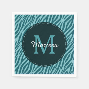 Stilvoller aquamariner Zebra-Druck mit Monogramm Serviette