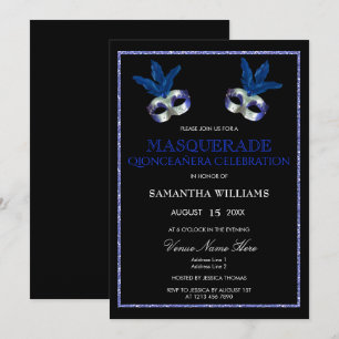 Stilvoller Blauer Glitzer Masquerade Quinceñera Einladung