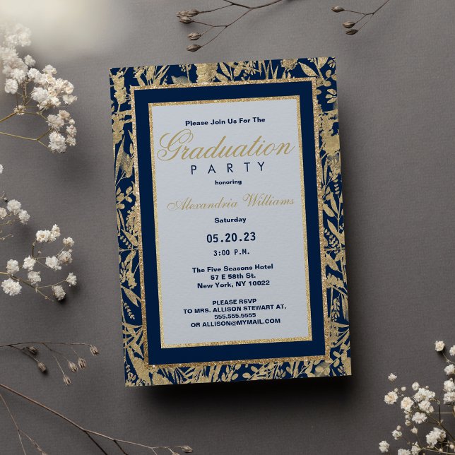 Stilvoller blauer Goldmedaille Glitzer Blumenkohl  Einladung (Stylish navy blue gold glitter floral Graduation Invitation )