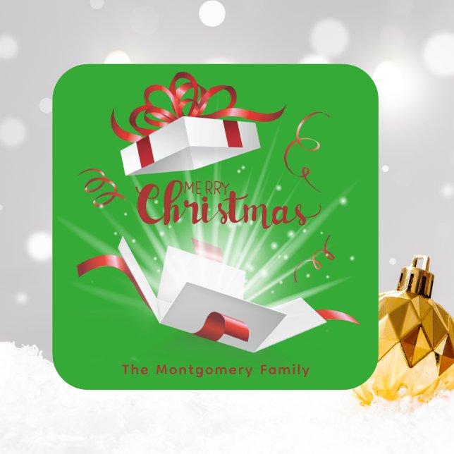 Stilvoller Chic Frohe Weihnachten Grün und Rot Quadratischer Aufkleber (Von Creator hochgeladen)