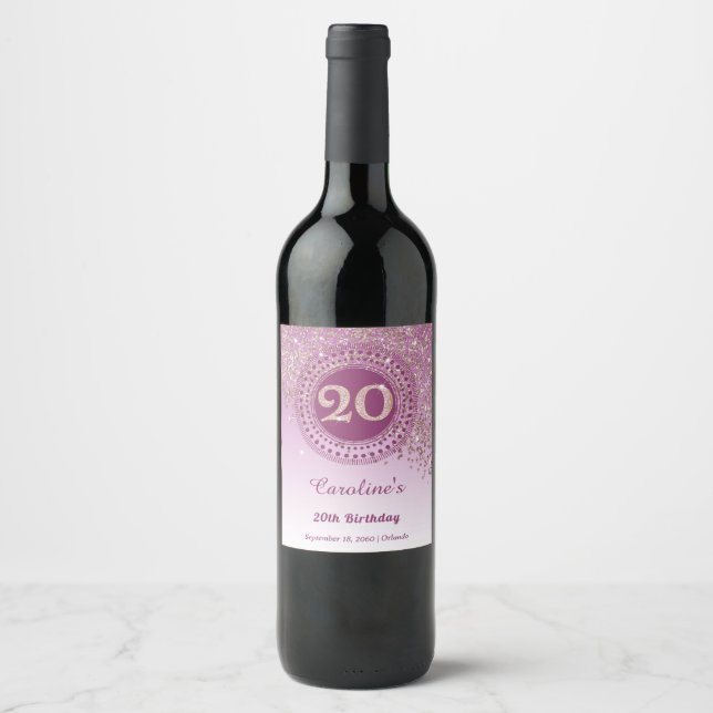 Stilvoller Fallender Roségold-Glitter 20. Geburtst Weinetikett (Vorderseite)