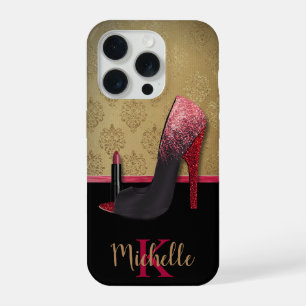 Stilvoller Glitter-Schuh, Lippenstift und Monogram iPhone 15 Pro Hülle