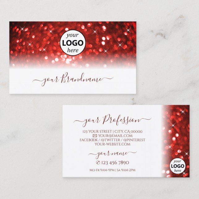 Stilvoller Glitzer aus White Red Sparkle mit Logo  Visitenkarte (Vorne/Hinten)