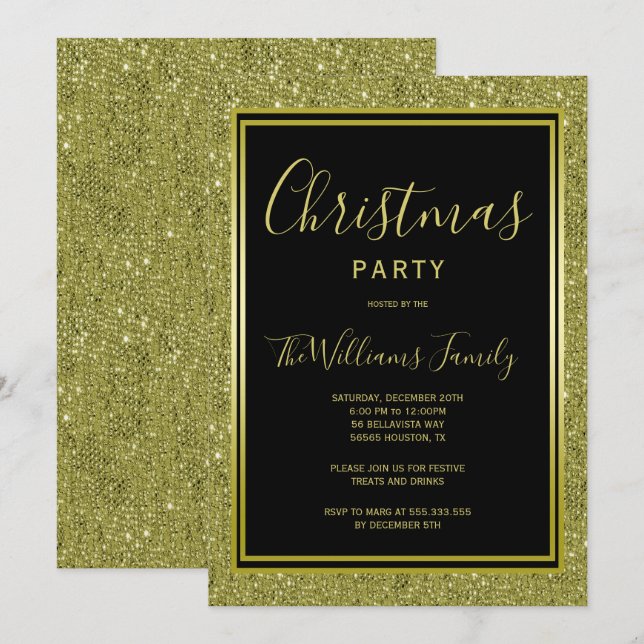 Stilvoller Gold Glitzer, Gold Gerahmtes Weihnachts Einladung (Vorne/Hinten)