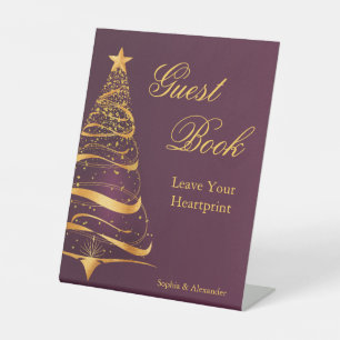 Stilvoller goldener Weihnachtsbaum Gastbuch Hochze Sockelschild