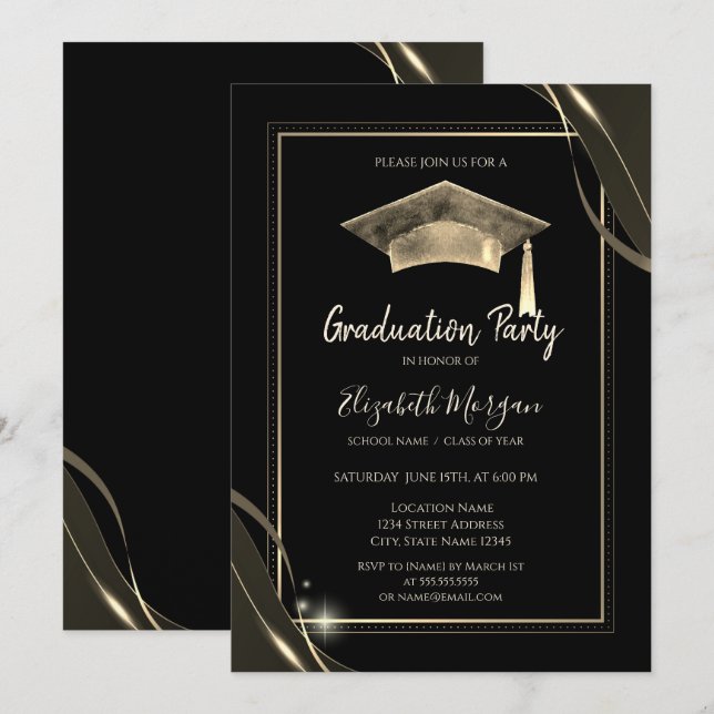 Stilvoller Goldrahmen-Sparkle,Grad-Cap-Abschluss Einladung (Vorne/Hinten)