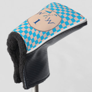 Stilvoller Himmelblau- und Creme-Karomuster-Monogr Golf Headcover