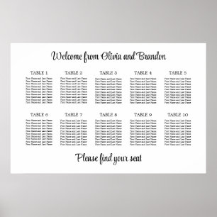 Stilvoller Hochzeitssitzplan Poster für 10 Tische