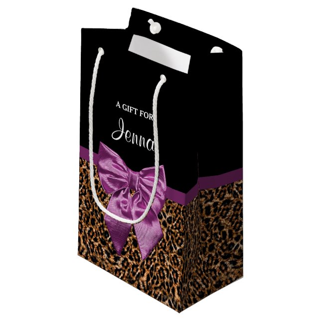 Stilvoller Leopard-Druck-eleganter lila Bogen und Kleine Geschenktüte (Vorderseite Schrägansicht)