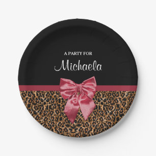 Stilvoller Leopard-Druck-eleganter roter Bogen und Pappteller