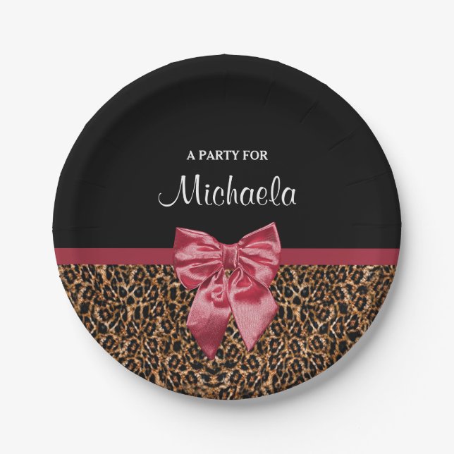 Stilvoller Leopard-Druck-eleganter roter Bogen und Pappteller (Vorderseite)