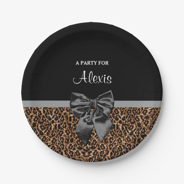 Stilvoller Leopard-Druck-eleganter schwarzer Pappteller (Vorderseite)
