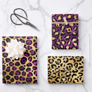 Stilvoller lila und goldener Folien-Leopardenfleck Geschenkpapier Set