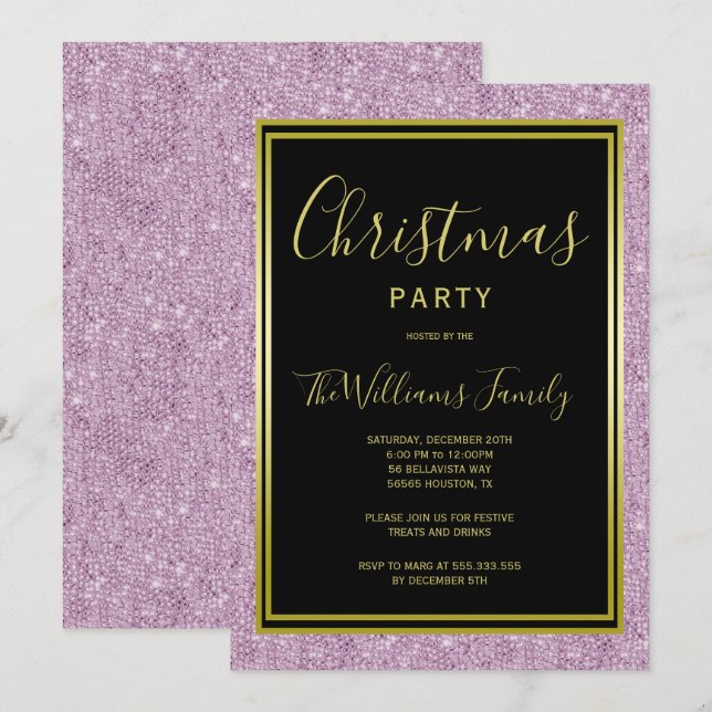 Stilvoller Lilac Glitzer, Gold Gerahmtes Weihnacht Einladung (Vorne/Hinten)
