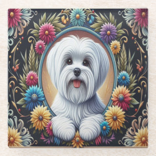 Stilvoller Malteserhund Blumenfarbene Umrandung Glasuntersetzer