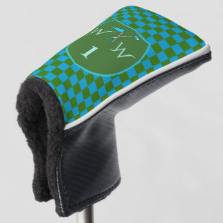 Stilvoller Moosgrün Azure-Blau karierter Monogramm Golf Headcover