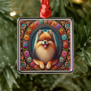 Stilvoller Pomeranian-Hund Blumenfarbene Umrandung Ornament Aus Metall